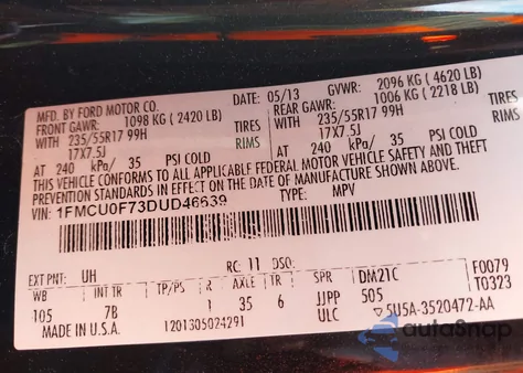 2013 Ford Escape S from USA, damaged, VIN 1FMCU0F73DUD46639